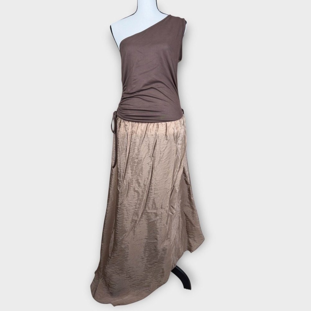 find me now One Shoulder Midi Dress Small Brown Mixed Media Ruched Asymmetrical